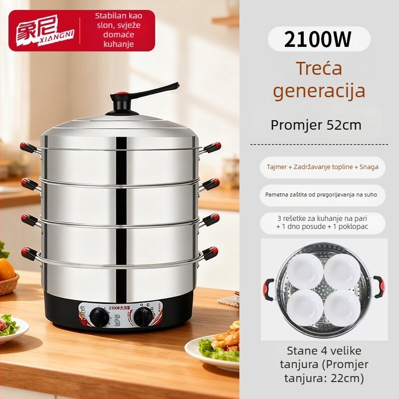 Kućni električni parni lonac, velikog kapaciteta, trostupan, višestruke namjene za povrće i parne peciva