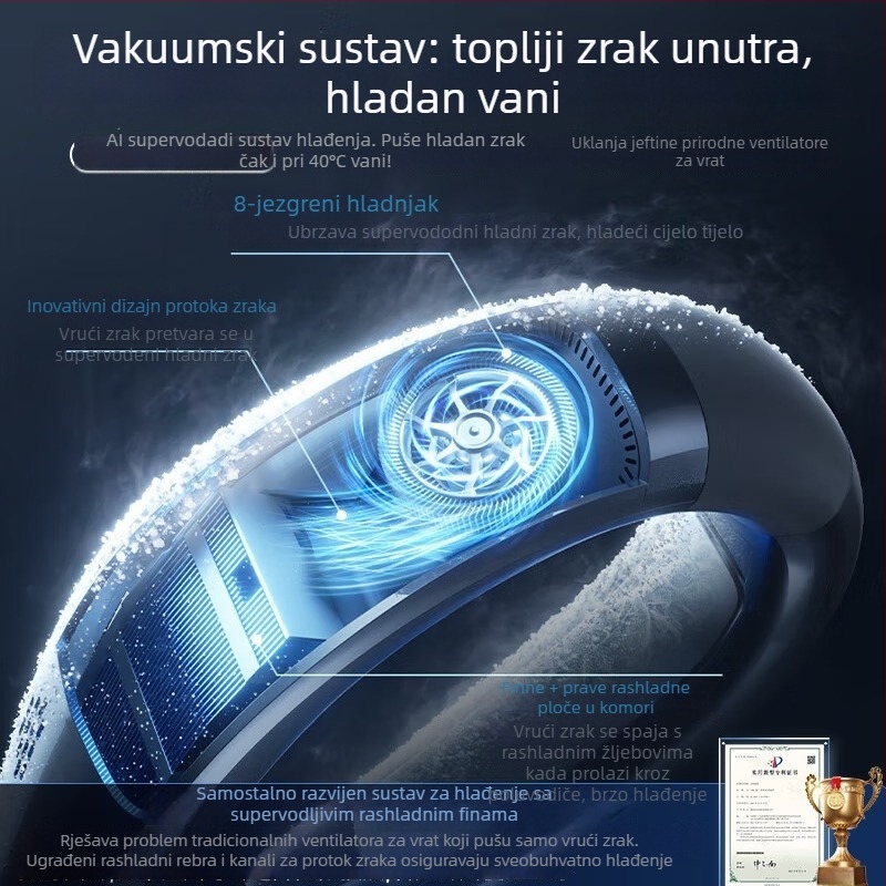 Ventilator za vrat s hlađenjem ledom, ugrađena baterija 4000–6000 mAh, trajanje 6–8 sati, 3 brzine
