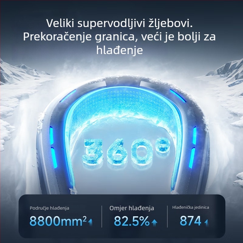 Ventilator za vrat s hlađenjem ledom, ugrađena baterija 4000–6000 mAh, trajanje 6–8 sati, 3 brzine