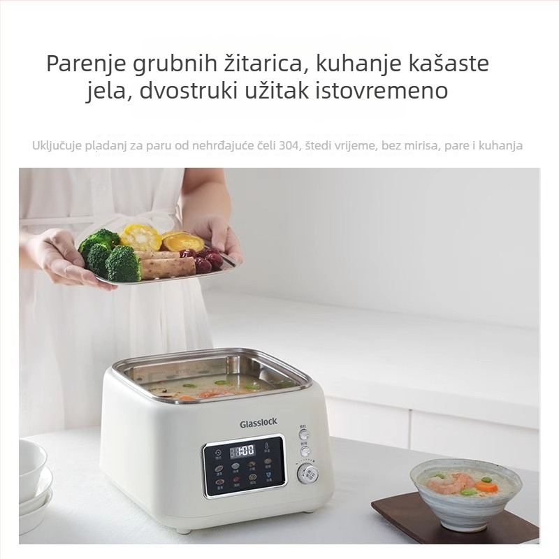 Glasslock nehrđajući čelični električni parivač s jednim slojem; kapacitet <6 L, 800 W, 220 V, model GE-ST02GY; funkcije: parenje, kuhanje, izolacija, rezerviranje