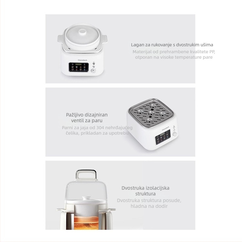 Glasslock nehrđajući čelični električni parivač s jednim slojem; kapacitet <6 L, 800 W, 220 V, model GE-ST02GY; funkcije: parenje, kuhanje, izolacija, rezerviranje
