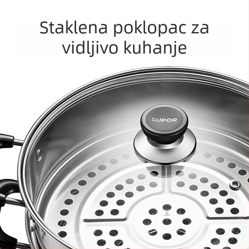 Supor dvostruki parni lonac od 304 nerđajućeg čelika, s dvostrukim dnom, prozirnim staklenim poklopcem, kompatibilan s indukcijskim i plinskim pločama