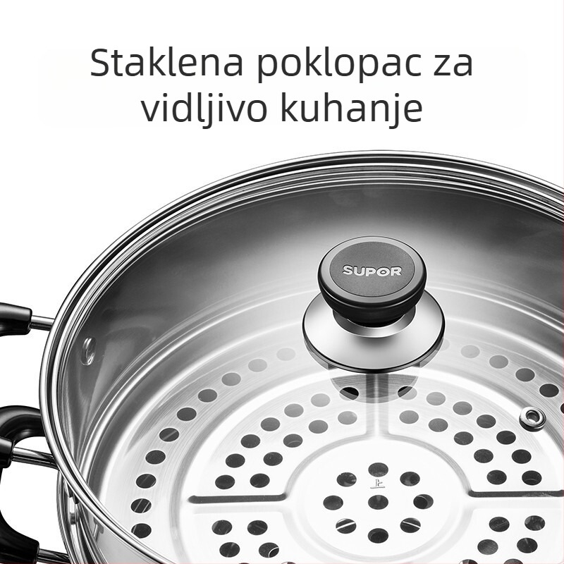 Supor dvostruki parni lonac od 304 nerđajućeg čelika, s dvostrukim dnom, prozirnim staklenim poklopcem, kompatibilan s indukcijskim i plinskim pločama
