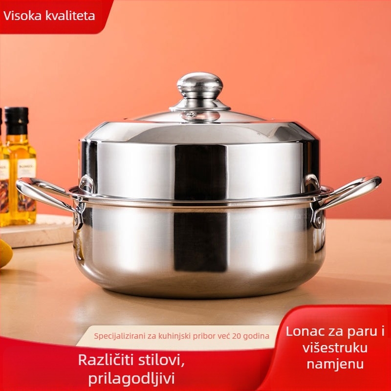 Nehrđajući čelični lonac za kućnu upotrebu; jednoslojna posuda za paru i juha; bezdimni dizajn; model YX3048-2; kompatibilan s plinskim štednjakom.