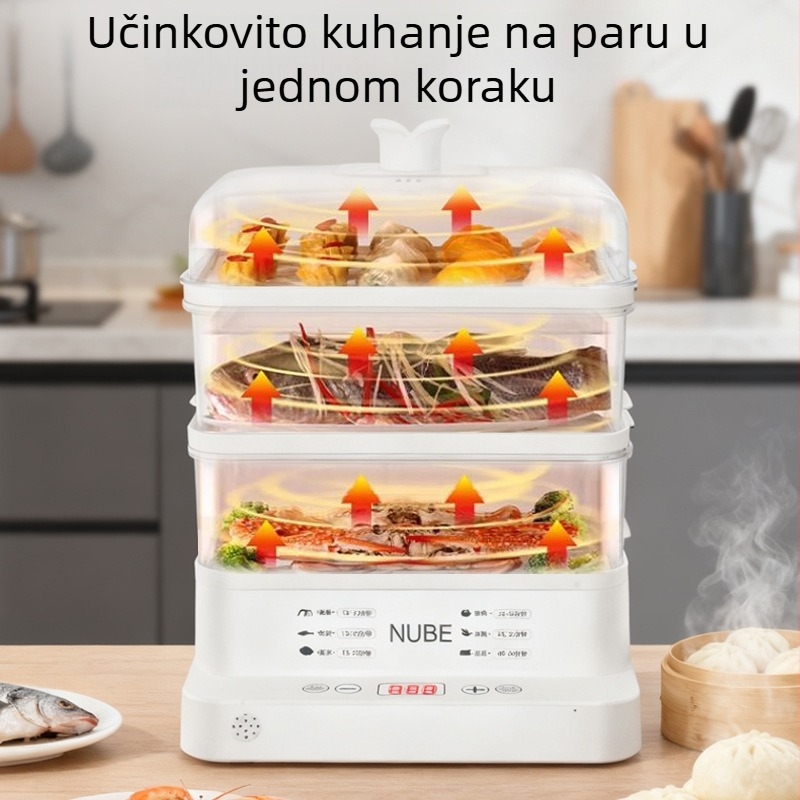 Električna parna kuhalo velikog kapaciteta, 3+ sloja, 10 L i više, gumbno upravljanje, unutarnji tank od PC-a, pogodno za 2–3 osobe