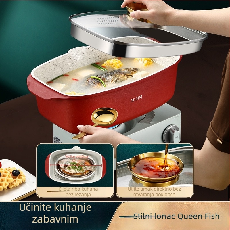 Shiny Superior Parovar za ribu – aluminijska legura, nelepiv, poklop od kaljenog stakla, stil lagani luksuz, kompatibilan s općim štednjacima