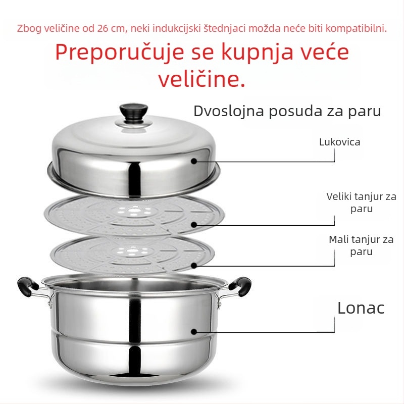 Nehrđajući čelik, veliki višeslojni parni košar, ojačan, 4+ slojeva, za parene peciva, kompatibilan s plinskim štednjakom