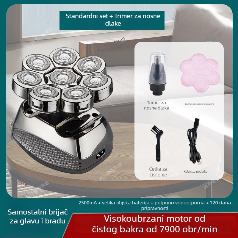 Električni brijač za ćelavu glavu, trajanje baterije 60+ minuta, dvostruko napajanje (punjenje/struja), četkasti motor, baterija 6000 mAh+ zamjenjiva