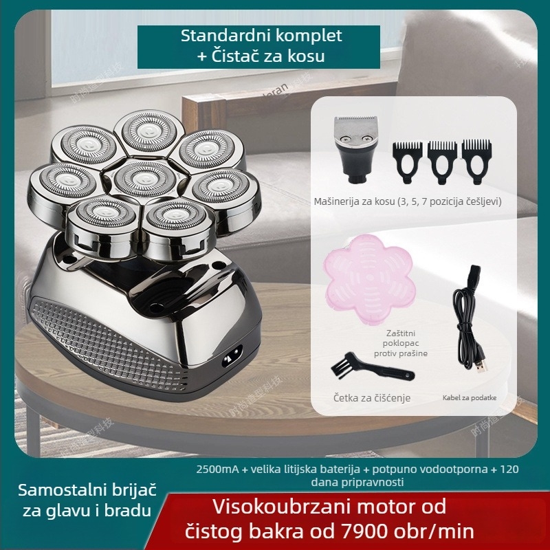 Električni brijač za ćelavu glavu, trajanje baterije 60+ minuta, dvostruko napajanje (punjenje/struja), četkasti motor, baterija 6000 mAh+ zamjenjiva