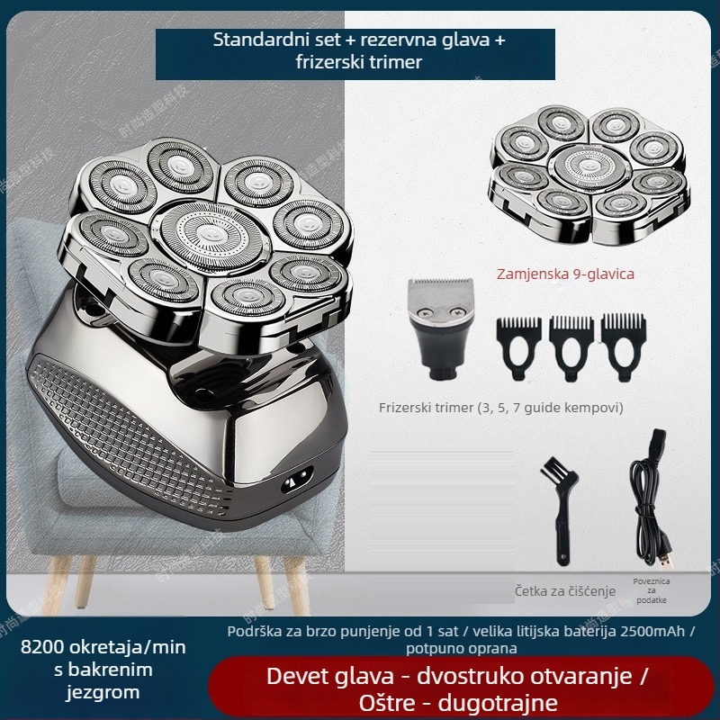 Električni brijač za ćelavu glavu, trajanje baterije 60+ minuta, dvostruko napajanje (punjenje/struja), četkasti motor, baterija 6000 mAh+ zamjenjiva