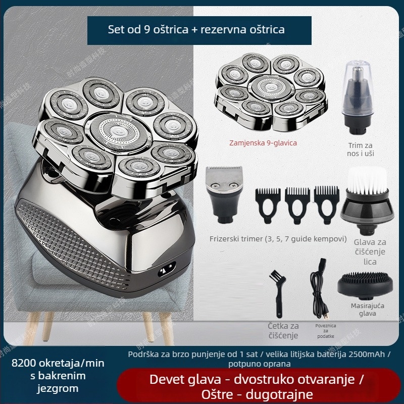 Električni brijač za ćelavu glavu, trajanje baterije 60+ minuta, dvostruko napajanje (punjenje/struja), četkasti motor, baterija 6000 mAh+ zamjenjiva