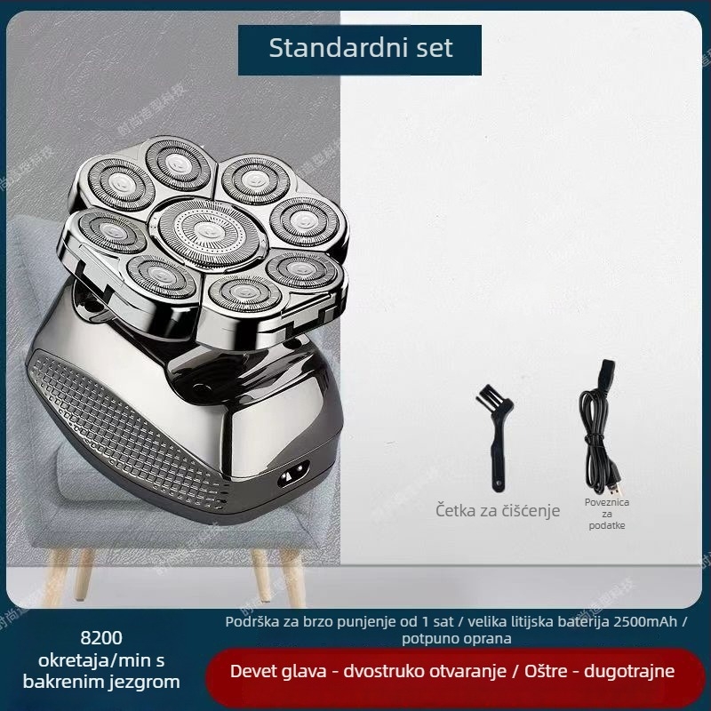 Električni brijač za ćelavu glavu, trajanje baterije 60+ minuta, dvostruko napajanje (punjenje/struja), četkasti motor, baterija 6000 mAh+ zamjenjiva