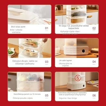 Električni parni kuhalo ZG-02, 12 L kapacitet, 3-etažna konstrukcija, 100-240 V, 900 W