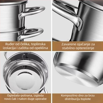 Dvostruki lonac za paru za juhe, od 410 inox čelika, stakleni poklopac, dubina 12 cm, pogodan za običan štednjak