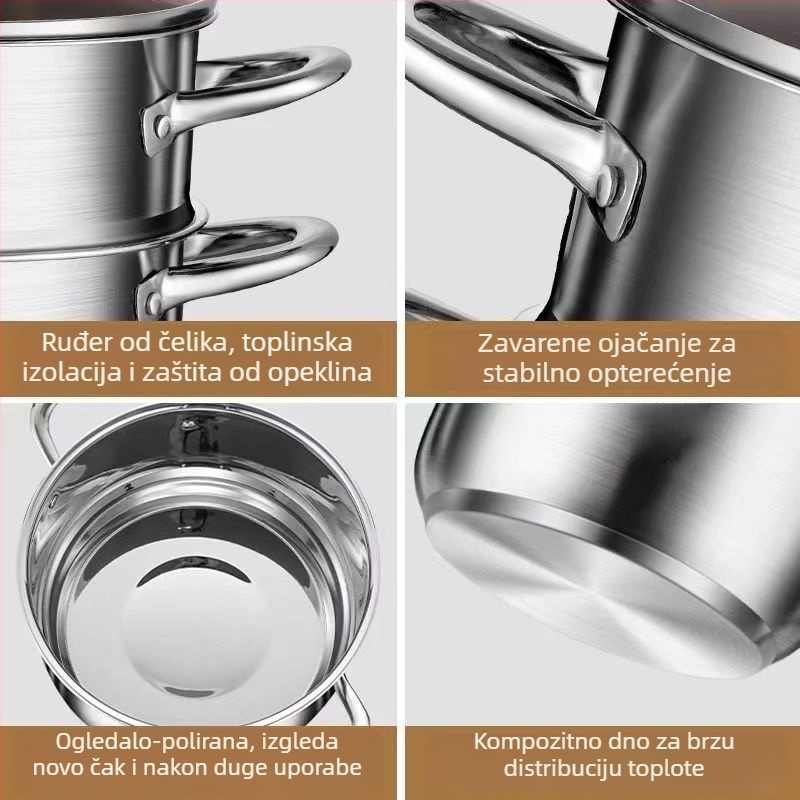 Dvostruki lonac za paru za juhe, od 410 inox čelika, stakleni poklopac, dubina 12 cm, pogodan za običan štednjak