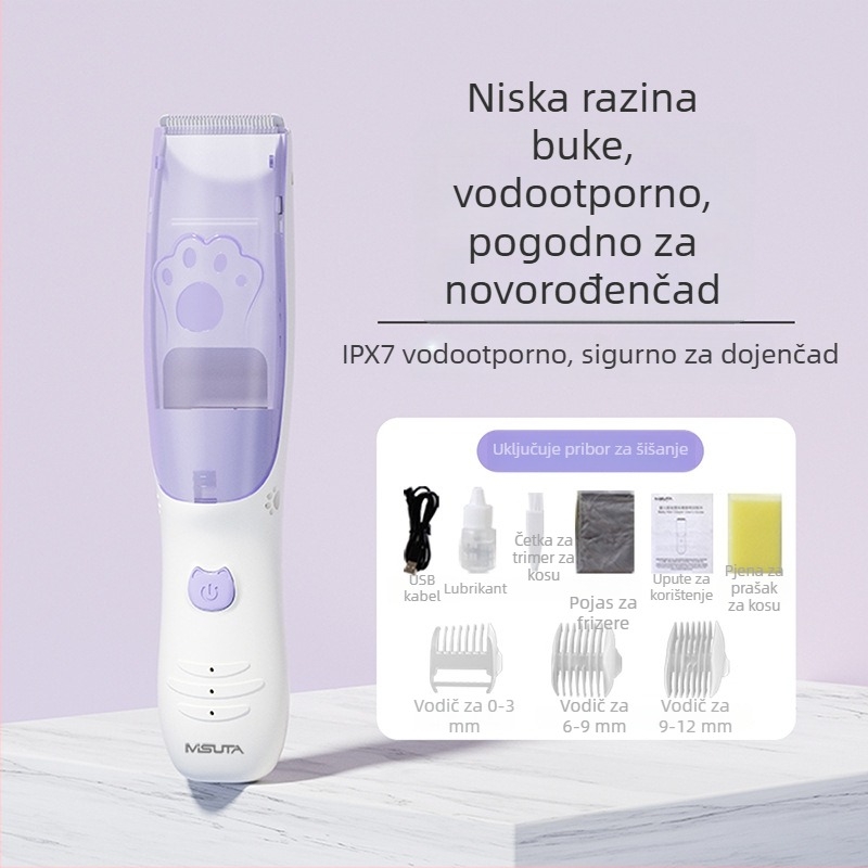 Misuta baby kosa za kosu – punjiva, 5W motor, automatsko usisavanje dlaka, tih rad, vodootporna, za bebe i odrasle