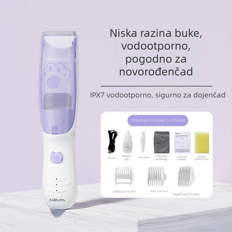 Misuta baby kosa za kosu – punjiva, 5W motor, automatsko usisavanje dlaka, tih rad, vodootporna, za bebe i odrasle