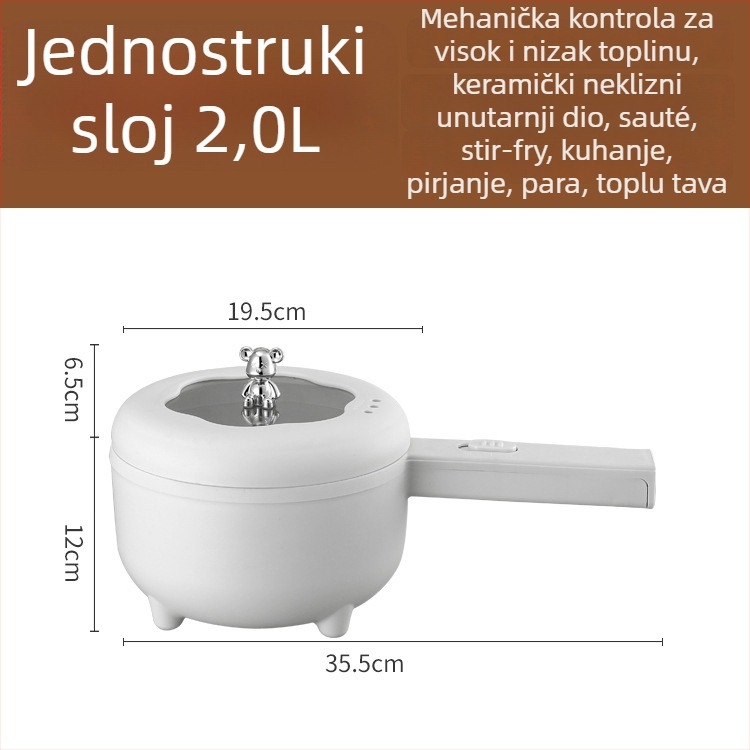 Višefunkcijski električni lonac za dom i studentski dom, kapacitet 1–2 L, LCD zaslon, tajmer, regulacija temperature, zaštita od suhog kuhanja, prženje, para, kuhanje, gulaš, unutarnja površina s premazom protiv prianjanja