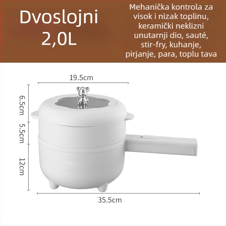 Višefunkcijski električni lonac za dom i studentski dom, kapacitet 1–2 L, LCD zaslon, tajmer, regulacija temperature, zaštita od suhog kuhanja, prženje, para, kuhanje, gulaš, unutarnja površina s premazom protiv prianjanja