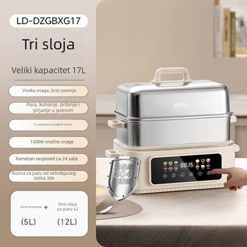 Električni parni lonac s tri sloja, kapacitet iznad 10 litara, unutarnja posuda od 304 nehrđajućeg čelika, mikroprocesorsko upravljanje, 1500W pri 220V 50Hz