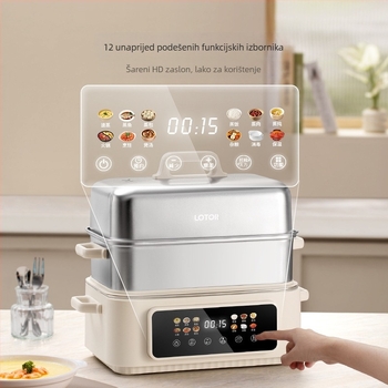 Električni parni lonac s tri sloja, kapacitet iznad 10 litara, unutarnja posuda od 304 nehrđajućeg čelika, mikroprocesorsko upravljanje, 1500W pri 220V 50Hz