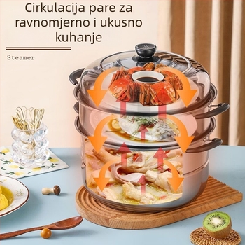 Debljeni nehrđajući čelični lonac na paru s dva do tri nivoa, serija 400, kompatibilan s indukcijskom i plinskom pločom, nehrđajući poklopac.
