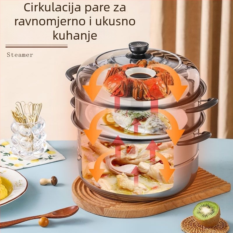 Debljeni nehrđajući čelični lonac na paru s dva do tri nivoa, serija 400, kompatibilan s indukcijskom i plinskom pločom, nehrđajući poklopac.