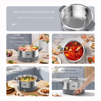 Električna posuda za kuhanje, kapacitet 4–5 L, nehrđajući čelik, snaga 1201–1500 W, funkcije: prženje, kuhanje, dinstanje, kuhanje na laganoj vatri