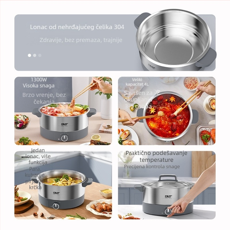 Električna posuda za kuhanje, kapacitet 4–5 L, nehrđajući čelik, snaga 1201–1500 W, funkcije: prženje, kuhanje, dinstanje, kuhanje na laganoj vatri