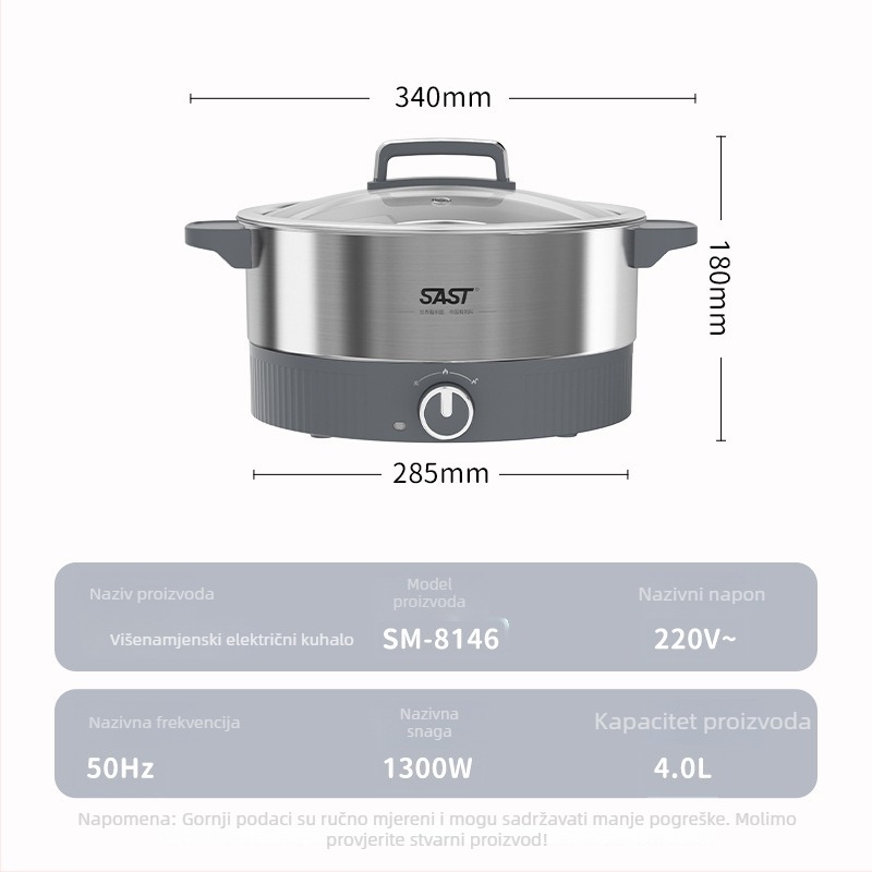 Električna posuda za kuhanje, kapacitet 4–5 L, nehrđajući čelik, snaga 1201–1500 W, funkcije: prženje, kuhanje, dinstanje, kuhanje na laganoj vatri