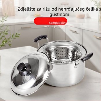 Parni lonac od nehrđajućeg čelika – prehrambene kvalitni, velika kapacitet, višestruka namjena za rižu, kašu i juhu; jednostruko dno, nehrđajući čelični poklopac, nije električni, pogodan za sve štednjake