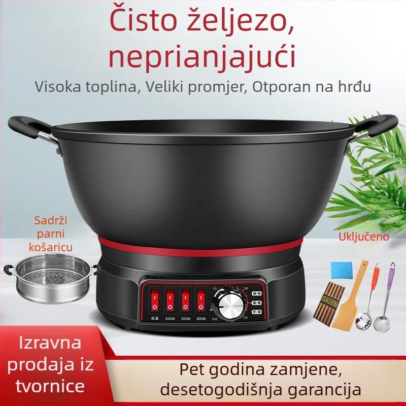 Električni wok s neprijanjajućom unutarnjom posudom – višefunkcijski za parenje, prženje, kuhanje i dinstanje; unutarnja posuda od porcelanskog kristala, kućište od borosilikatnog stakla, 1500W+