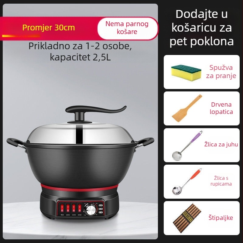 Električni wok s neprijanjajućom unutarnjom posudom – višefunkcijski za parenje, prženje, kuhanje i dinstanje; unutarnja posuda od porcelanskog kristala, kućište od borosilikatnog stakla, 1500W+