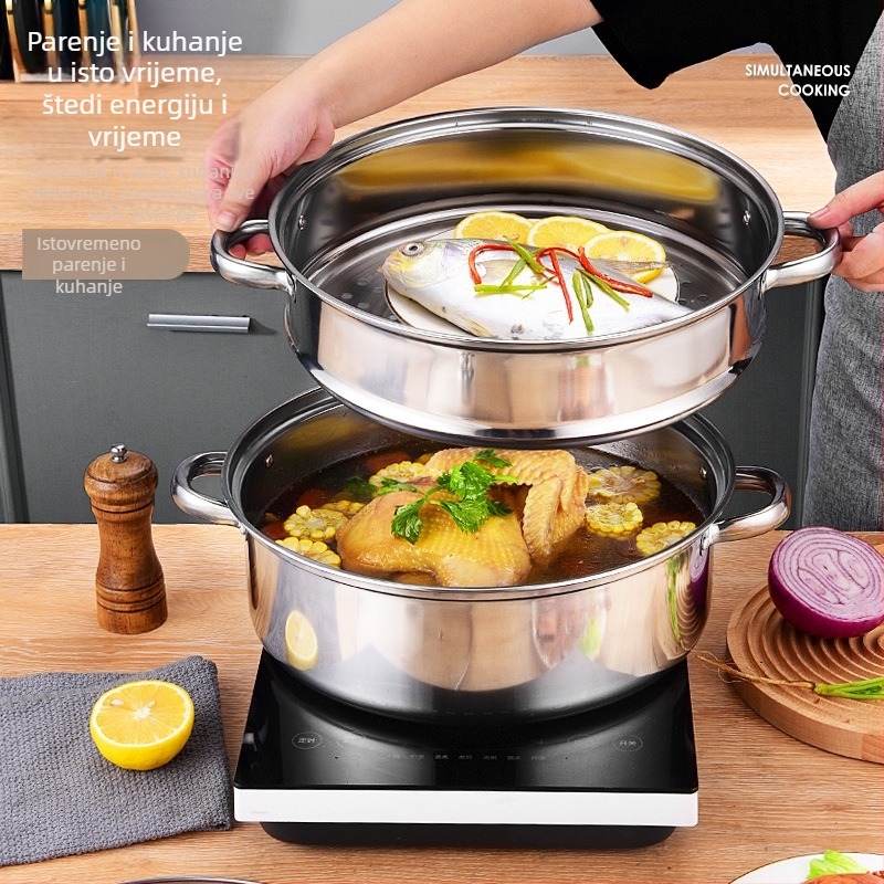 Parni lonac od nehrđajućeg čelika 400 serije, 4 razine, stakleni poklopac, s jednim dnom
