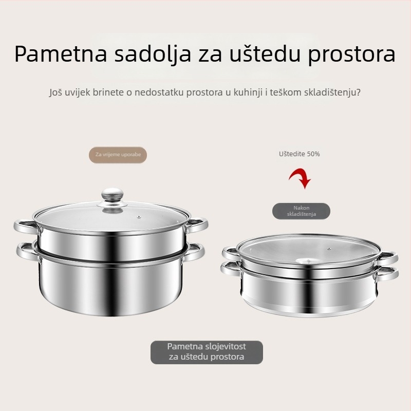 Parni lonac od nehrđajućeg čelika 400 serije, 4 razine, stakleni poklopac, s jednim dnom