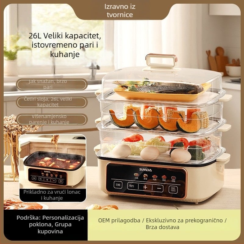 Električni parni lonac za kućnu upotrebu, višeslojni, 26 L kapacitet, 1200 W, 220 V, 50 Hz