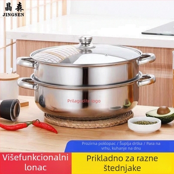 Nerđajući čelični dvodijelni parni lonac sa staklenim poklopcem, dubina 9 cm, težina 1200 g, kompatibilan sa svim pločama