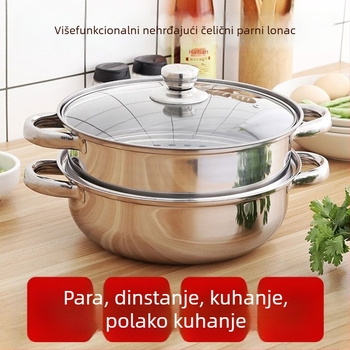 Nerđajući čelični dvodijelni parni lonac sa staklenim poklopcem, dubina 9 cm, težina 1200 g, kompatibilan sa svim pločama