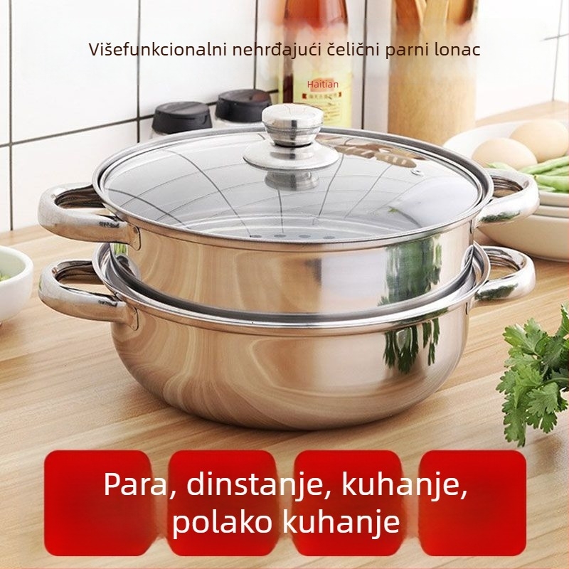 Nerđajući čelični dvodijelni parni lonac sa staklenim poklopcem, dubina 9 cm, težina 1200 g, kompatibilan sa svim pločama