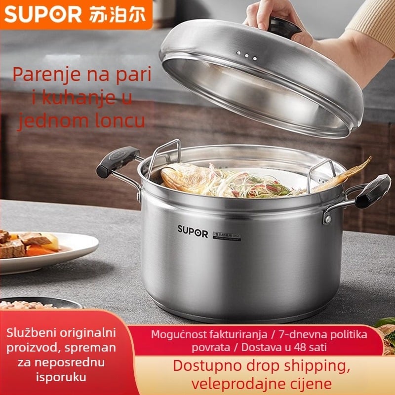 Parna posuda od 304 nehrđajućeg čelika, dno s tri sloja, poklopac od nehrđajućeg čelika s kaljenim staklom, kompatibilno s plinskim i indukcijskim pločama