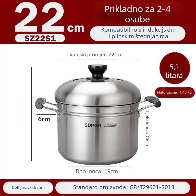 Parna posuda od 304 nehrđajućeg čelika, dno s tri sloja, poklopac od nehrđajućeg čelika s kaljenim staklom, kompatibilno s plinskim i indukcijskim pločama