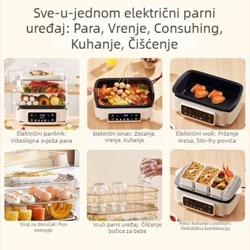 Električni parni kuhalo s unutarnjim posudom od titanijevog legura, odvojiv i periv, kapacitet preko 10 L, sustav parenja s više od 3 razine, zagrijava se za manje od 4 minute