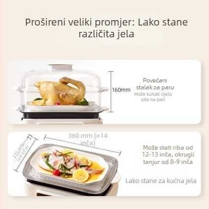 Električni parni kuhalo s unutarnjim posudom od titanijevog legura, odvojiv i periv, kapacitet preko 10 L, sustav parenja s više od 3 razine, zagrijava se za manje od 4 minute