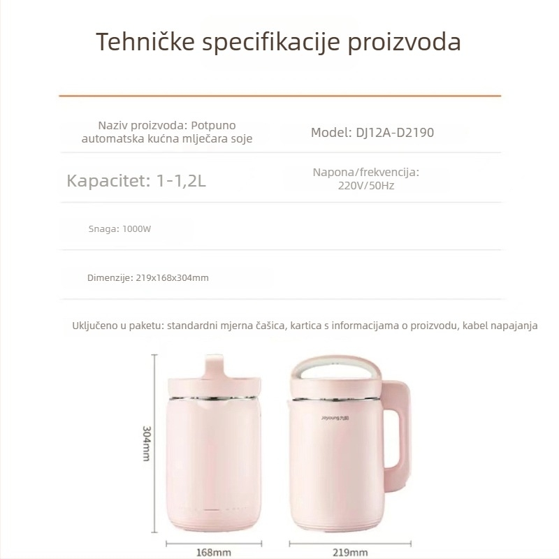 Joyoung Stroj za mlijeko od soje DJ12A-D2190, kapacitet 1.2 L, snaga 1000 W, napona 220 V, grijanje kućišta, mljevenje bez mrežice, funkcija grijanja