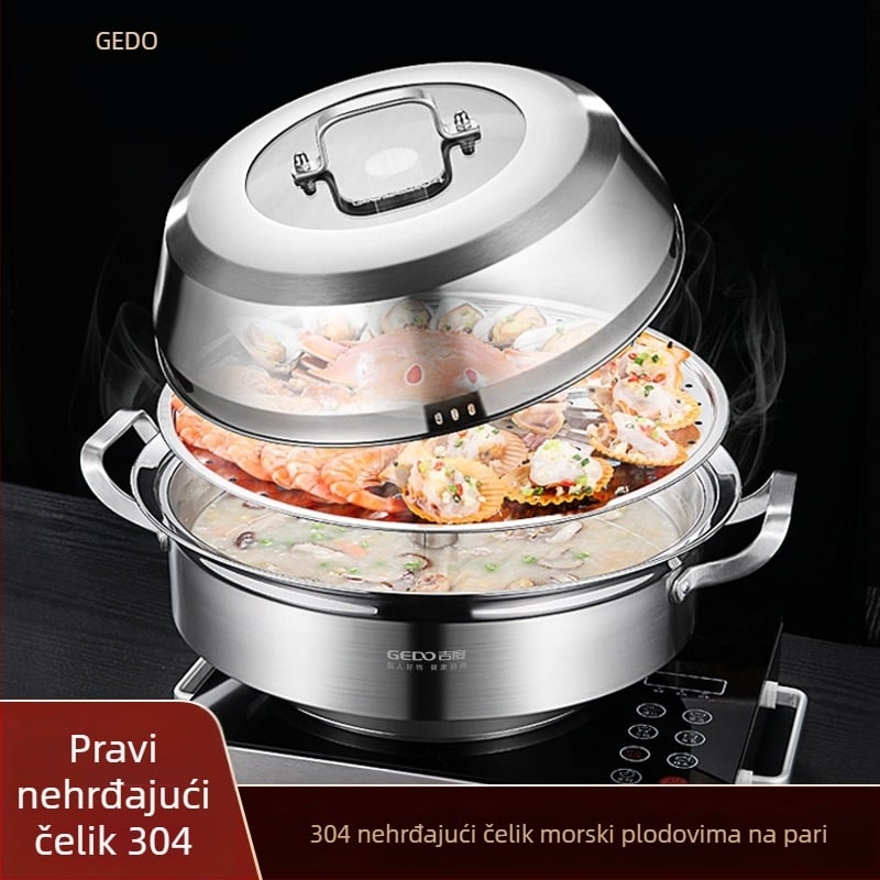 Parni lonac, 3-slojni, od 304 nehrđajućeg čelika, uključuje dvije pladnje za paru i jednu pladnju za saunu, bez dima, prikladan za plinski štednjak