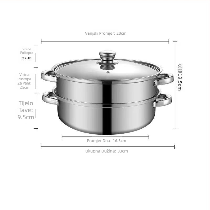 Nehrđajući čelik, trostruki parni lonac s velikim kapacitetom, stakleni poklopac, kompatibilan s indukcijskim pločama