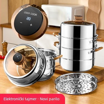 Parni lonac sa 3 sloja od 304 nehrđajućeg čelika, stakleni poklopac, kompatibilan s indukcijom