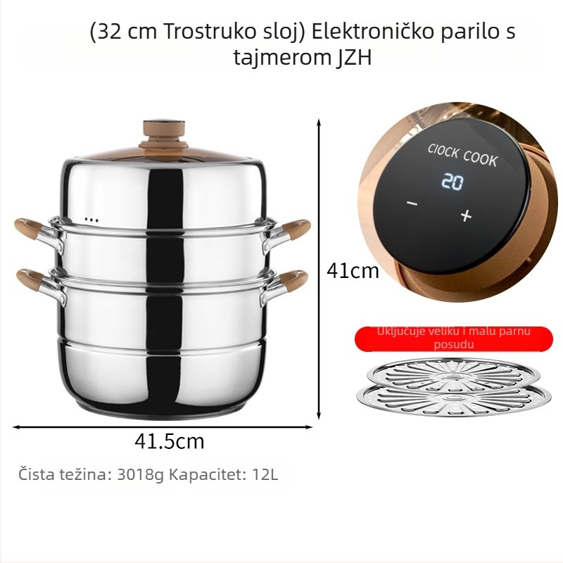 Parni lonac sa 3 sloja od 304 nehrđajućeg čelika, stakleni poklopac, kompatibilan s indukcijom