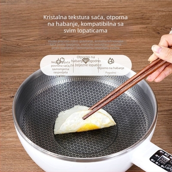 Višefunkcionalni električni wok i hot pot – sve-u-jednom loncu s LCD zaslonom, kapacitet 4–5 L, snaga 1000–1350 W, unutarnja posuda od aluminijske legure s nepri­ljanjajućim premazom, para, prženje, kuhanje i dinstanje.