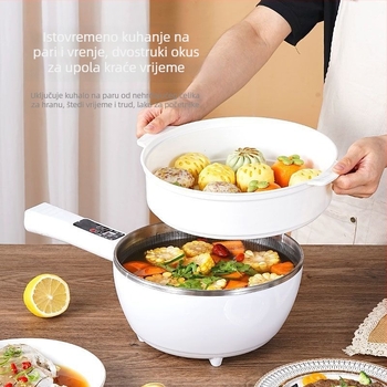 Višefunkcionalni električni wok i hot pot – sve-u-jednom loncu s LCD zaslonom, kapacitet 4–5 L, snaga 1000–1350 W, unutarnja posuda od aluminijske legure s nepri­ljanjajućim premazom, para, prženje, kuhanje i dinstanje.
